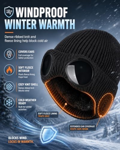 Beanie with Goggles,Unisex Knit Beanie with Goggle Hat Winter Fall Outfits — view 2