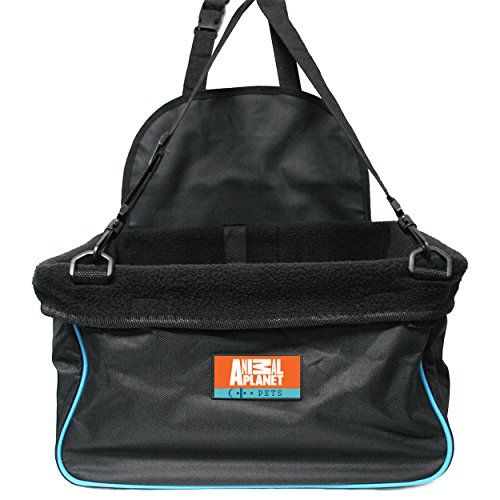 Animal Planet Puppy Booster Car Seat Cover For Small Dogs - Portable, Foldable, Collapsable Pet Car Carrier With Safety Leash - 12Lbs And Under - Black W. Blue Trim #TOP1