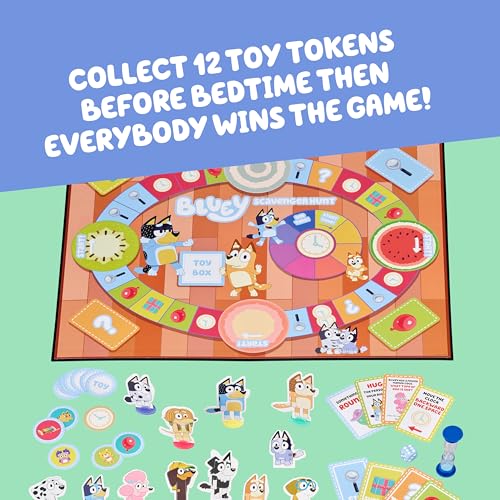Image of Bluey Scavenger Hunt Board Game, Cooperative Play with 4 Exclusive Mini-Figures, Indoor Games for Kids Ages 5+, Fun Toy Token Collecting Game | Collect 12 toy tokens as a team with Bluey, Bingo, Bandit & Chilli minis; family game for kids ages 3+