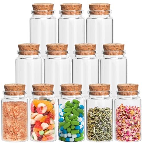 Acetiti 12 Pièces 100ml Mini Bouteilles en Verre, Petite Bouteilles en Verre avec bouchon en liège mini flacons Fiole pour DIY mariage cadeaux loisirs créatifs...