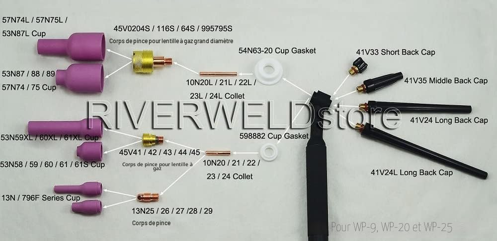 RIVERWELD Corps de Collet pour Diffuseur de Gaz TIG 45V 13N série Buses en Alumine Coupes en Céramique 13N 796F 53N 4#, 5#, 6#, 7#, 8# série pour SR WP 9 20 25 Torche de Soudage TIG 42pcs