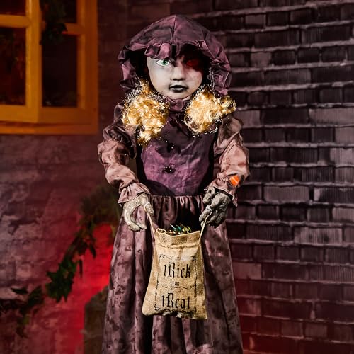 Halloween Animatronics 4ft Creepy Two-Face Doll, Animated 48" Decorations with Candy Bag, Sound Activated, Speak, Light Up Eyes, Scary Move, Haunted House Holiday Decor Horror Prop for Indoor, Outdoor