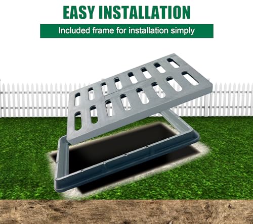 Natotela Outdoor Drain Grate and Frame, Rectangle Inlet Flat Sewer Drain Grate 20x12in,Fiberglass Sewage Drainage Grates and Base for Pavement, Catch Basin,Yard,Downspout(22\"x14\" Frame Size)