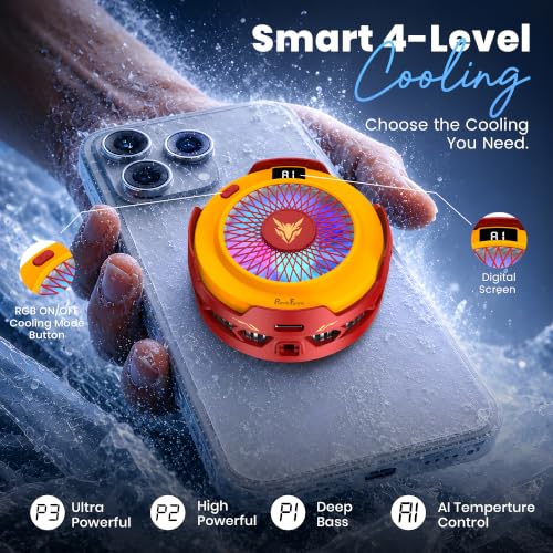 Image of PunnkFunnk Phone Cooler for Gaming, 5000 RPM 7-Blade Fan, RGB Light, Semiconductor Cooling Chip, Type-C Powered, LED Display, Clamp Mount Mobile Cooling Fan for Android & iOS (Red Yellow)