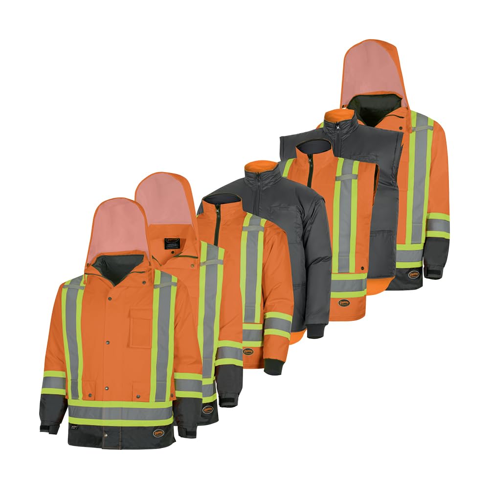 Pioneer Yukon 7-in-1 Winter Parka - Hi Vis Waterproof Safety Jacket - Stay Warm down to -46°C - Orange, Medium