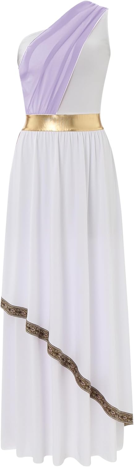 Vxuxlje Women's Ancient Greek Costume One Shoulder Chiffon Overlay Toga Dress Praise Dance Dress