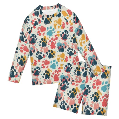 Cat Dog Puppy Pug Paw Print Boys Rash Guard Swimsuits Set for Boys Long Sleeve Swim Shirts Bathing Suits B0403404