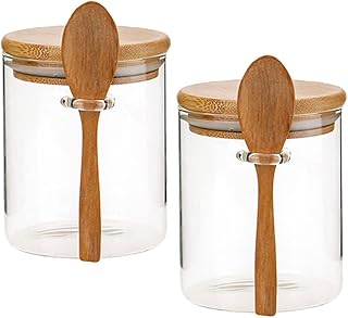 ERINGOGO Rice Container 14oz/ 420ml Airtight Glass Jars, Glass Containers with Bamboo Lids& Bamboo Spoons, Glass Jars for Bath Salt Coffee Beans Tea Flour Sugar Nuts Flour Container