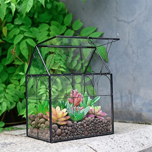 Large Tall Glass Plant Terrarium  Decorative House Glass Terrarium with Lid,Indoor Desk Tabletop Terrarium glass container for Orchid Succulent Cacti Fern Moss Housewarming Gift (Black 02)