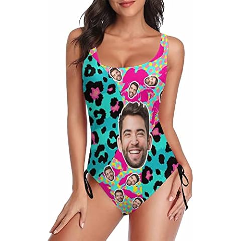 InterestPrint Custom Face One Piece Swimsuit for Women Personalized Photo Drawstring Side Bathing Suit Funny Swimwear Gifts Leopard Blue X-Large Cover