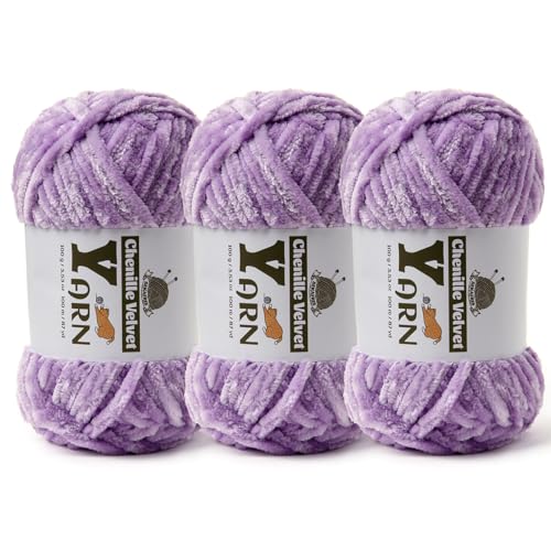 Image of 3 Pack Plush Chenille Chunky Yarn - Fluffy Velvet Yarns Crochet for Blanket Knitting and Crocheting - Soft Baby Yarn for Crocheting - Amigurumi Crochet Yarns 100g (87yds) (3 Pale Purple)