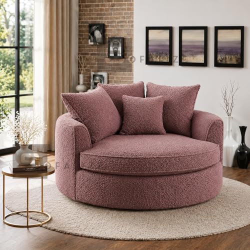 Image of SOFALIZE - Modern Barrel Accent with Pillows Round Sofa combines contemporary design Oversize Arm Chair Cozy Club Chair for Bedroom, Living Room, Lounge, Hotel & Office, Hallways sofa (Ashrose Boucle)