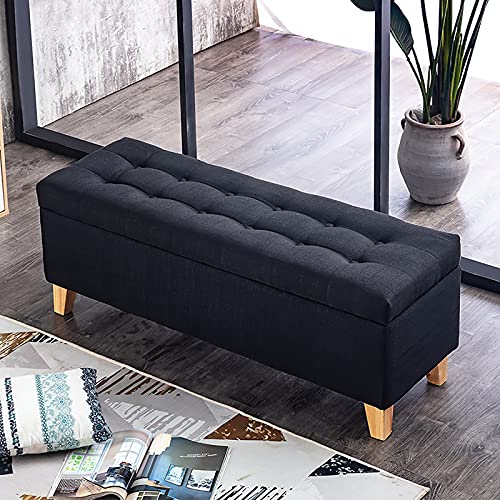 Pouf coffre double fonction avec assise rembourrée en lin noir