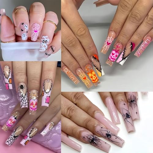 Muorruo 6 Piece Halloween Nail Stickers, 3D, Self-Adhesive, Pink and White, Ghost Nail Stickers, Fun Spider Web Nail Art Stickers with Rhinestones, Nail Design Accessories, Charms - Image 7