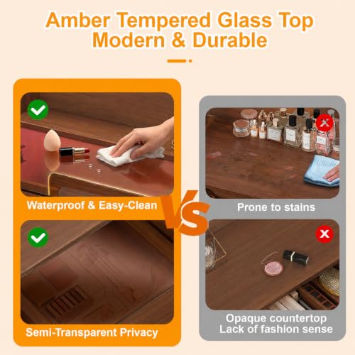 Image of Makeup Vanity Desk with LED Mirror & RGB Lights, Glass Top Vanity Table for Women, Adjustable Brightness & 3 Color Modes, 2 Drawers Storage, Peach Modern Bedroom Vanity Set