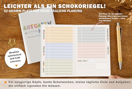 Eine der Guten Hausaufgabenheft A6 für Grundschule, mit Wochenübersicht, Stundenplan & Mini-Ziele, nachhaltiges Aufgabenheft für Kinder