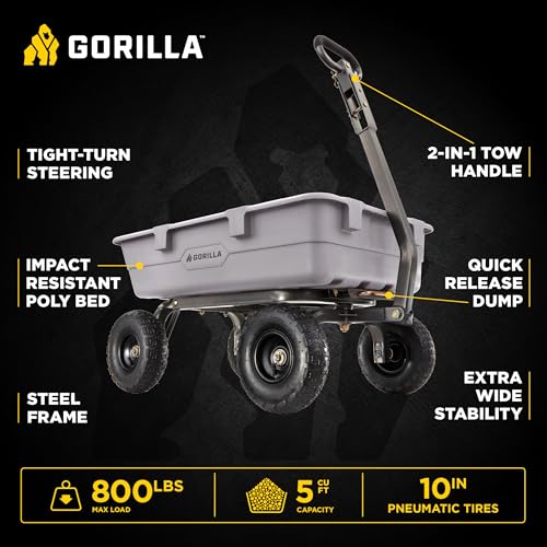 Image of Gorilla Carts Heavy-Duty Poly Dump Cart, 5 Cu Ft Tub, 800 lb Haul Capacity, Gray - Towable Utility Wagon with Quick-Release Dumping & Pneumatic Tires for Yard, Landscaping and Gardening