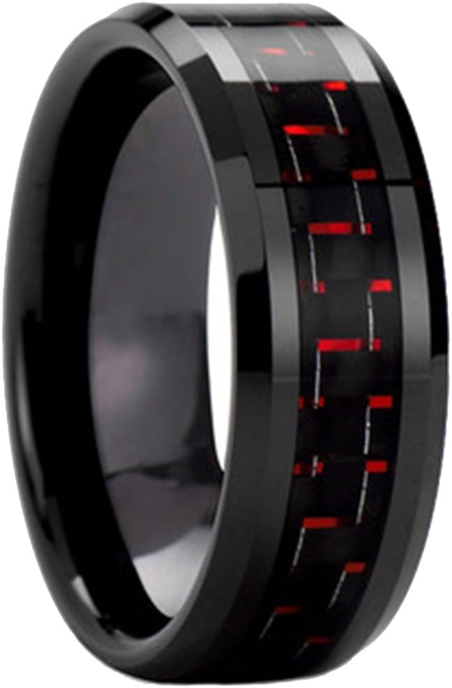 AZYOUNG Black Red Carbon Fiber Tungsten Carbide Ring Men Women Wedding Engagement Band - 8MM