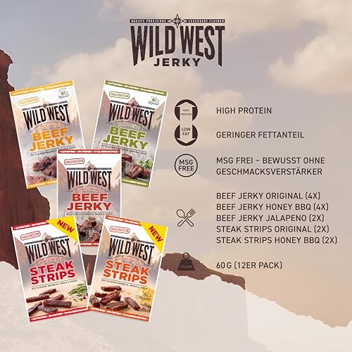 Wild West Beef Jerky, Mix Box 60g, 12er Pack mit 4x Original, 4x Honey BBQ, 4x Jalapeno, Rinderdörrfleisch, Beef Jerky high Protein Trockenfleisch, Protein Snack