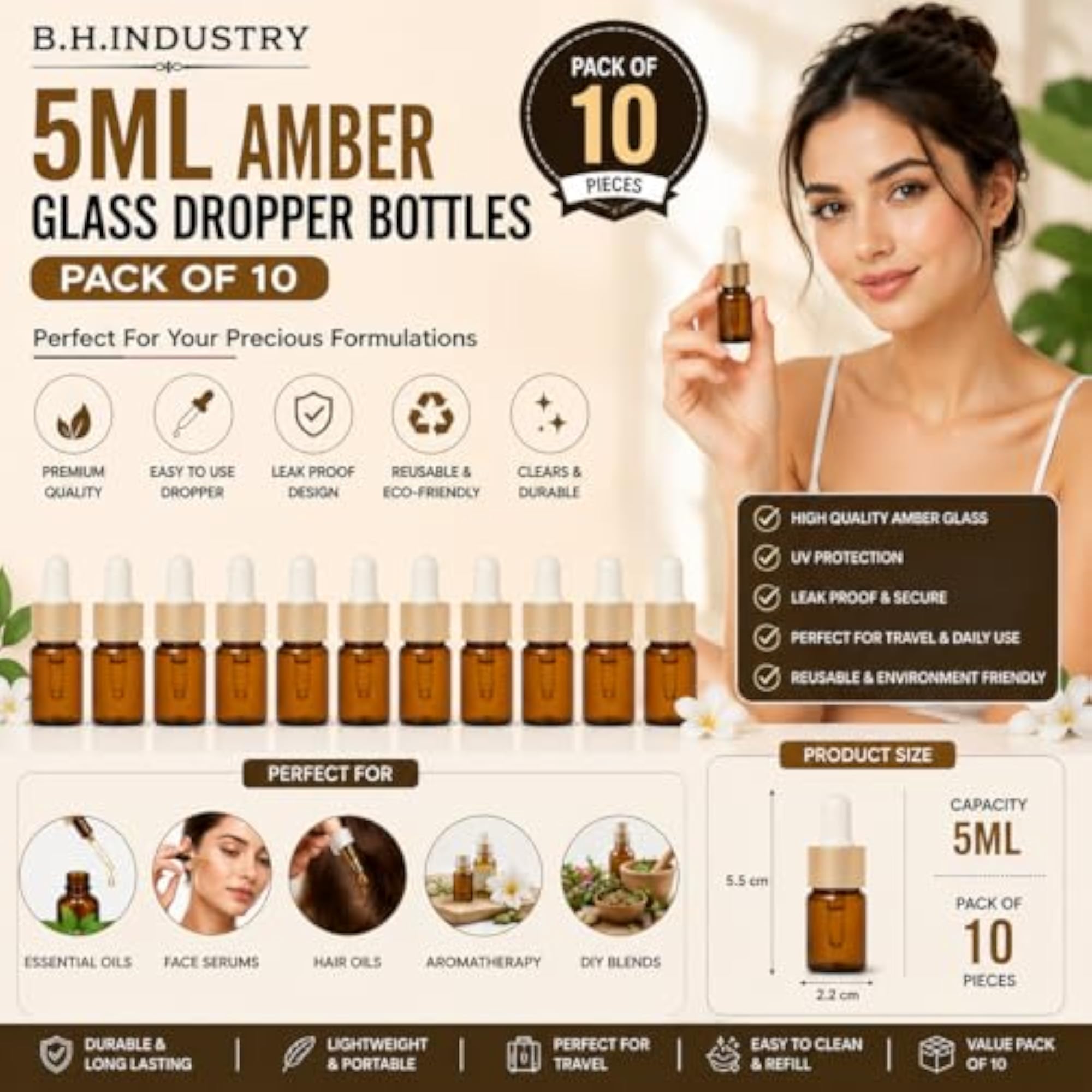5ml Amber Glass Dropper Bottles with Golden Droppers