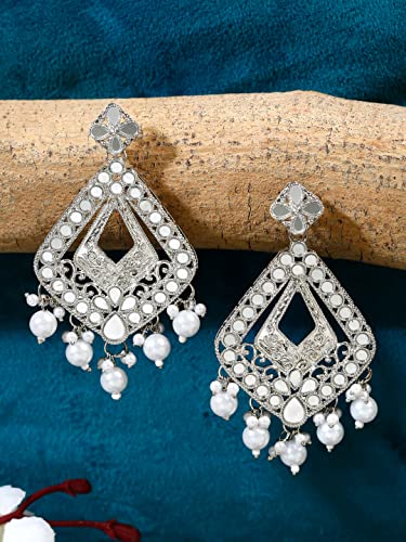 Silver Oxidised Beads Drop Geometric Dangler Earrings