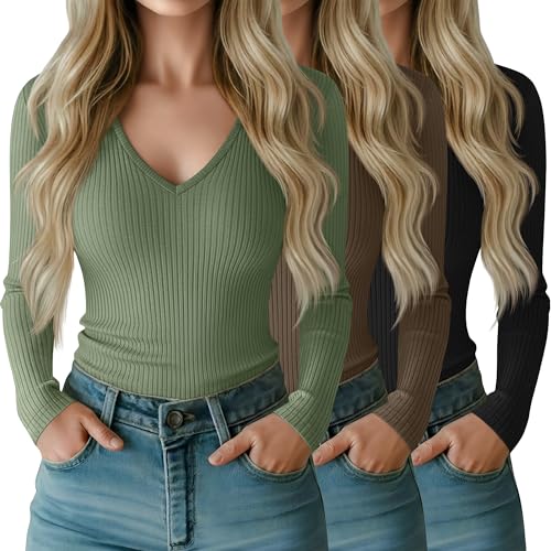 Riyiper 3 Pack Women Long Sleeve Shirts, 95% Cotton V Neck Ribbed Knit Tops Slim Fit Casual Going Out Tee Shirts
