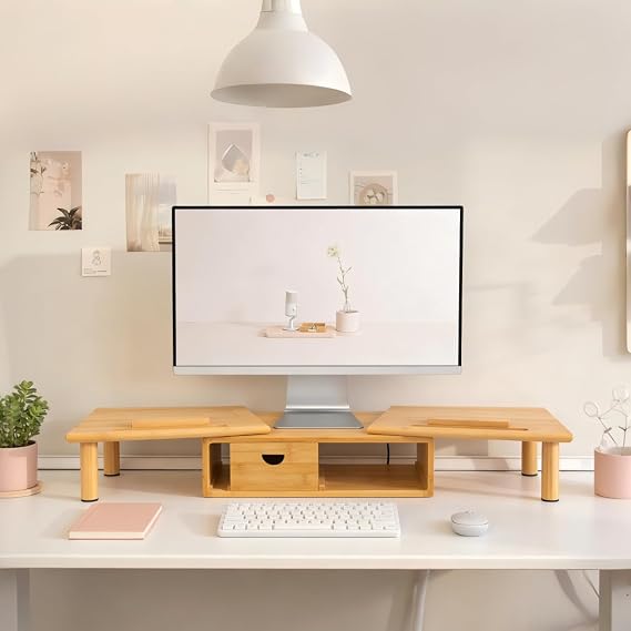 Dual Monitor Stand Riser with Drawer for Desk Laptop