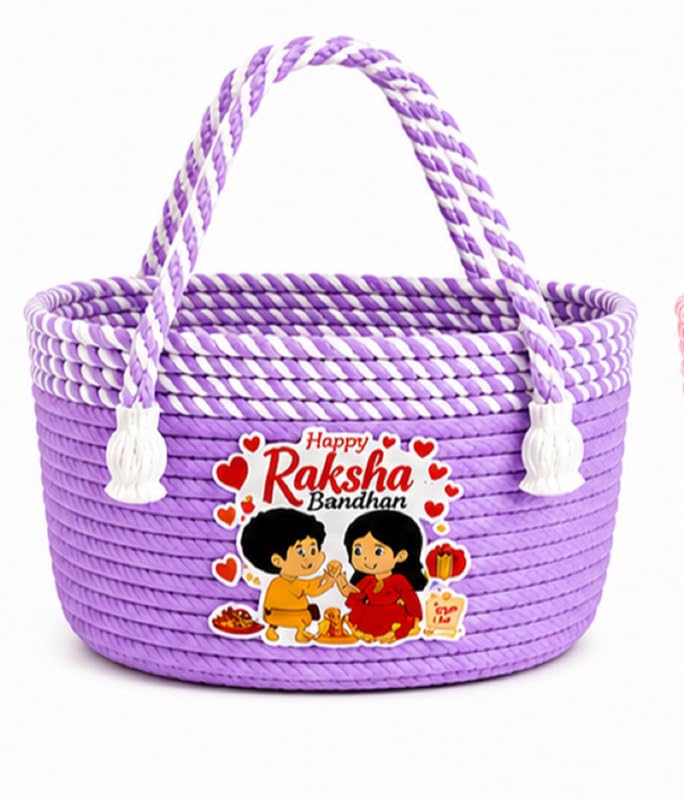Image of BROOM Raksha Bandhan Gift Hamper Basket | Handmade Cotton Rope Storage Basket with Handle | Decorative Organizer for Chocolates, Dry Fruits, Return Gifts, Home Decor & Festive Celebration (Lavender)