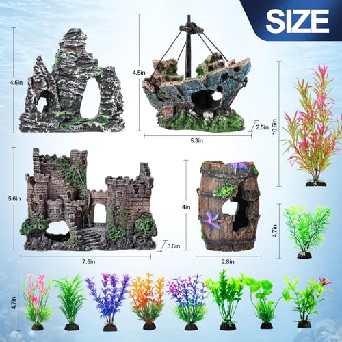 CousDUoBe 14 Pcs Aquarium Decorations Large Kit,Castle Fish Tank Bubbler Decorations,Starfish Barrel, Resin Cave Rock,Resin Material Sunken Ship,Aquarium Plants Large Fish Bowl Ornaments - Image 2
