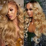Highlight Ombre Brown Roots Honey Blonde Wigs Human Hair 180% Density Body Wave 13x6 HD Ultra Thin Lace Front Wig Human Hair for Black Women Glueless Colored Glueless Wigs with Brown Roots 24 Inch