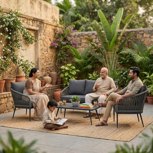 Image of LOCCUS Outdoor 5 Seater Rope Woven Patio Sofa Set with Center Table - All-Weather Conversation Set for Balcony, Garden, Terrace & Poolside | Waterproof UV-Resistant Patio Furniture Set (Grey)
