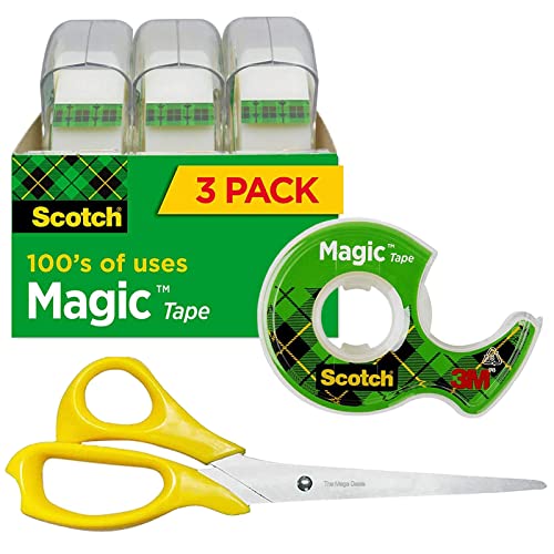 Magic Tape, 3 Rolls Tape With Tape Dispenser, Invisible Tape, Clear Tape, 1/2 X 450 Inches Tape Rolls + Scissors All Purpose #TOP21