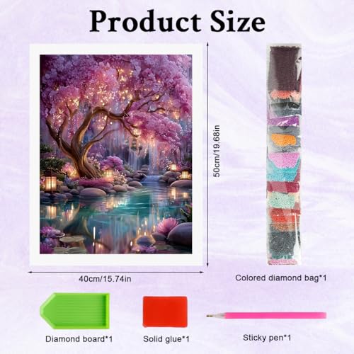 Image of HASTHIP 5D Diamond Painting Kit Cherry Blossom Garden, Full Drill DIY Art with Complete Tool Kit, Dreamy DIY Home Wall Decor Craft, DIY Diamond Art Gift for Adults and Kids, 40x50cm, No Frame
