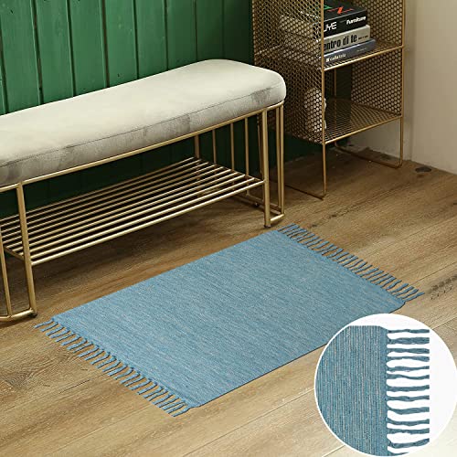 Asraie Ribbed Hand Woven Cotton Rag Rug | Cotton Reversible Rugs | Recycled Cotton Area Rug For Living Room Kitchen Entryway | 2X3'(Turquoise) #TOP5