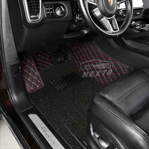 Image of NEXTA Premium Nappa Luxury Leather with Grass Mat Complete Set || 100% Waterproof and Washable||7D Cars Floor Mats for VinFast Limo Green - 7 Seater (All 3 Rows) | Color : (Black & Red)