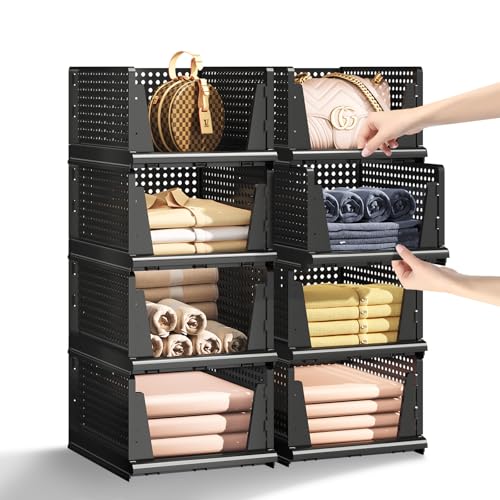 MSHOMELY Folding Closet Organizer and Storage for Shelves, 5 Pack Stackable Plastic Storage Basket for Closet, Top Bottom of Closet Organizer, Drawers Organizer for RV, Camper, Pants, Clothes, Office