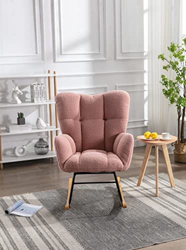 Deolme Modern Teddy Velvet Rocking Accent Chair Upholstered Rocking Glider Chairs Nursery Comfy Rocker Armchair Side Chair For Living Room, Bedroom (Teddy Pink, Type 2) #TOP2