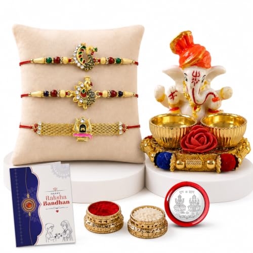 Image of Oblivion Designer Multicolor Bird & Shivling Rakhi Combo for Brother Bhaiya Bhai with Ganesha Thali, Roli Tikka, Silver Color Pooja Coin & Greeting Card | Raksha Bandhan Festival Gift Set | Pack of 7