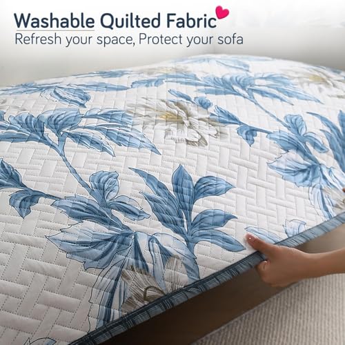 Image of HOKIPO 'Homehues Series' Printed Quilted Sofa Cover Mat for 5 Seater - (3+2), Celadon Blue Camellia (IN-807 + IN-809 - D8)
