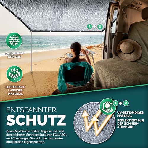 FOLIASOL® Schattennetz Auto 4x6 m | Alunetz Hund mit Ösen 80% UV | Alu Sonnenschutz für Camping & Urlaub | Sonnenschutznetz mit Befestigung | Hitzeschutz Aluminium luftdurchlässig
