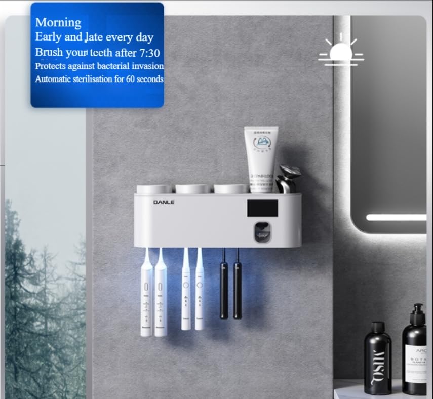 Desinfectante inteligente UV para cepillos de dientes y portavasos, esterilizador UV-C inalámbrico con tecnología de detección automática, soporte de pared impermeable y sin taladro, duración de la
