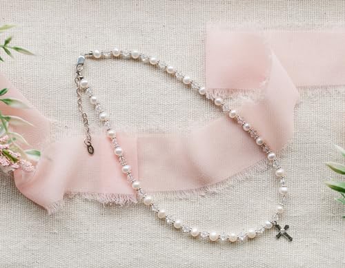 Image of Precious Pieces Pearl Cross Necklace, .925 Sterling Silver