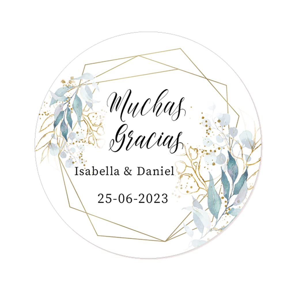 50 Muchas Gracias pegatinas PERSONALIZADAS Gracias pegatinas de boda Bautizo o Compromiso Recuerdos para fiestas Peladillas Cumpleaños,Aniversario -Rd085 (Hojas doradas)