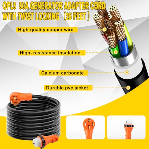2 Years Warranty, OPL5 50 Amp Generator Cord 25FT and Power Inlet Box (Pre-Drilled),125/250 Volts, STW 6/3+8/1 AWG, NEMA 14-50P to SS2-50R Generator Cord Waterproof Combo Kit, ETL&CSA Listed (25FT) by OPL5 - Image 3