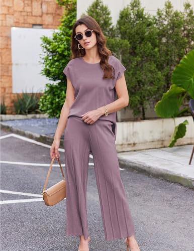Image of Ekouaer Lounge Sets for Women Two Piece Outfits Knit Cap Sleeve Tops Wide Leg Pleated Pants Casual Dressy Sweater Sets