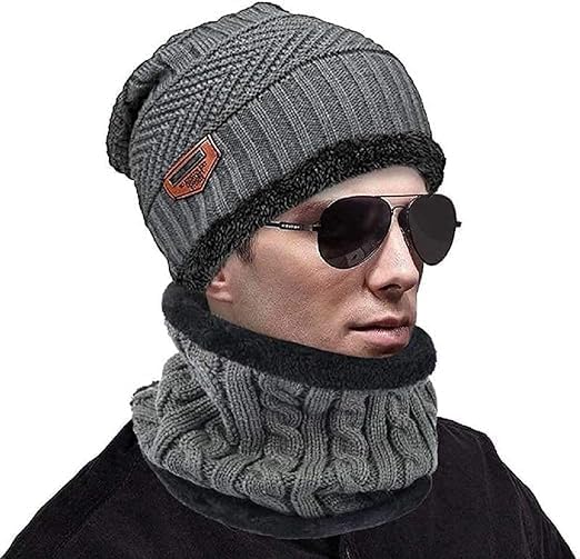 Grey Color Men and Women Winter Woolen Thick Knitted Stretchable Soft Fleece Fur Lined Hat Neck Muffler-image-27