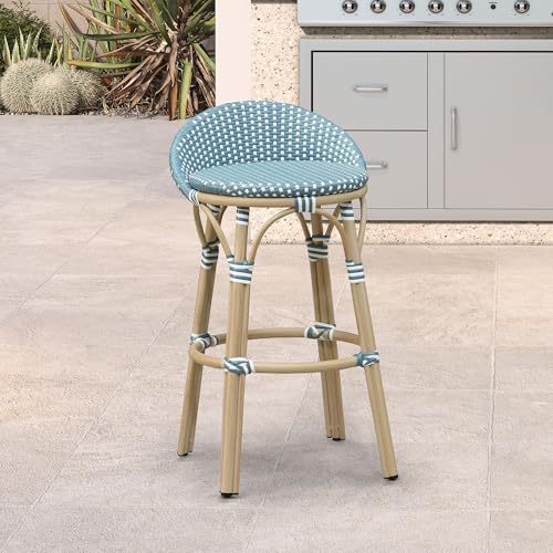Image of PURPLE LEAF Patio Oversized Backrest Bar Height Stool Set of 1 Outdoor Round Barstools Aluminum Frame in Champagne Finish Woven Rattan for Indoor Kitchen Dining Bistros Cafe Restaurant Light Blue