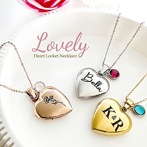 Twenty&Sixty Personalized Heart Locket Necklace for Women, Girl, Kids, Holds Pictures, Birth Flower Personalized & Engraved Picture Locket Necklace Gold/Silver/RoseGold3