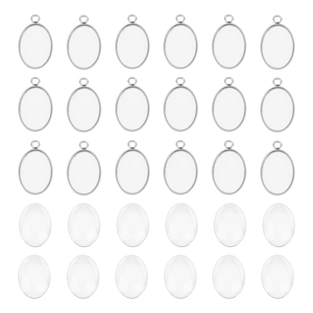 UNICRAFTALE 20 Sets Oval Cabochon Pendant 304 Stainless Steel Blank Dome Bezel Charms Trays Settings with Oval Glass Cabochons Bezel Blanks Tray for Photo Pendant Craft Jewelry Making
