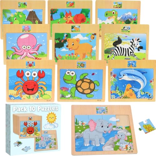 Lot de 10 Puzzle en Bois Enfant d'animaux, Cadeaux Anniversaire pour Enfants de 3 à 8 Ans, Jouet Educatif Montessori, Cadeau Anniversaire Garcon et Fille,...